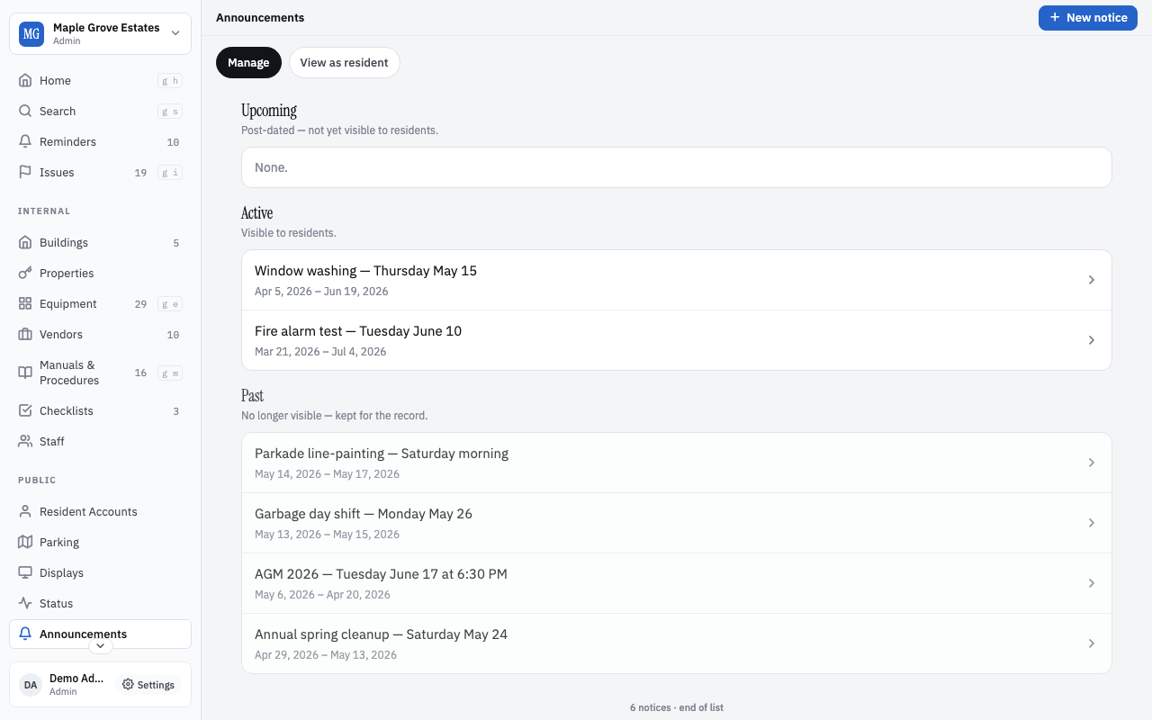 Announcements — active incidents, scheduled notices, document uploads
