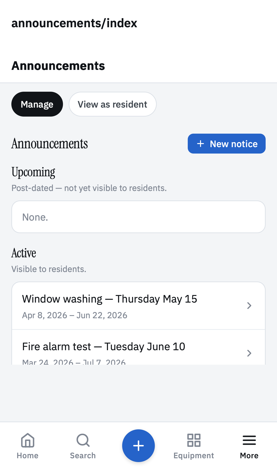 Announcements composer + active/scheduled lists