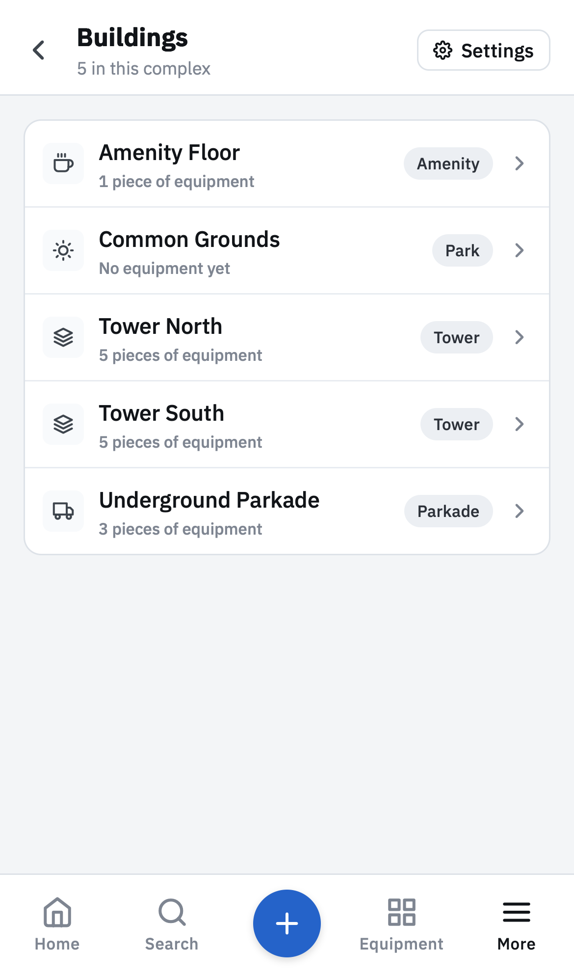Areas — towers, floors, parkade, lockers