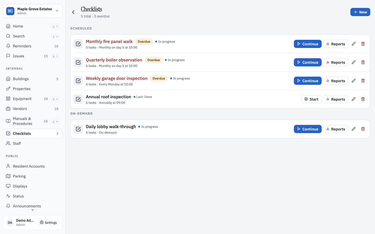 Checklists overview with templates and run history