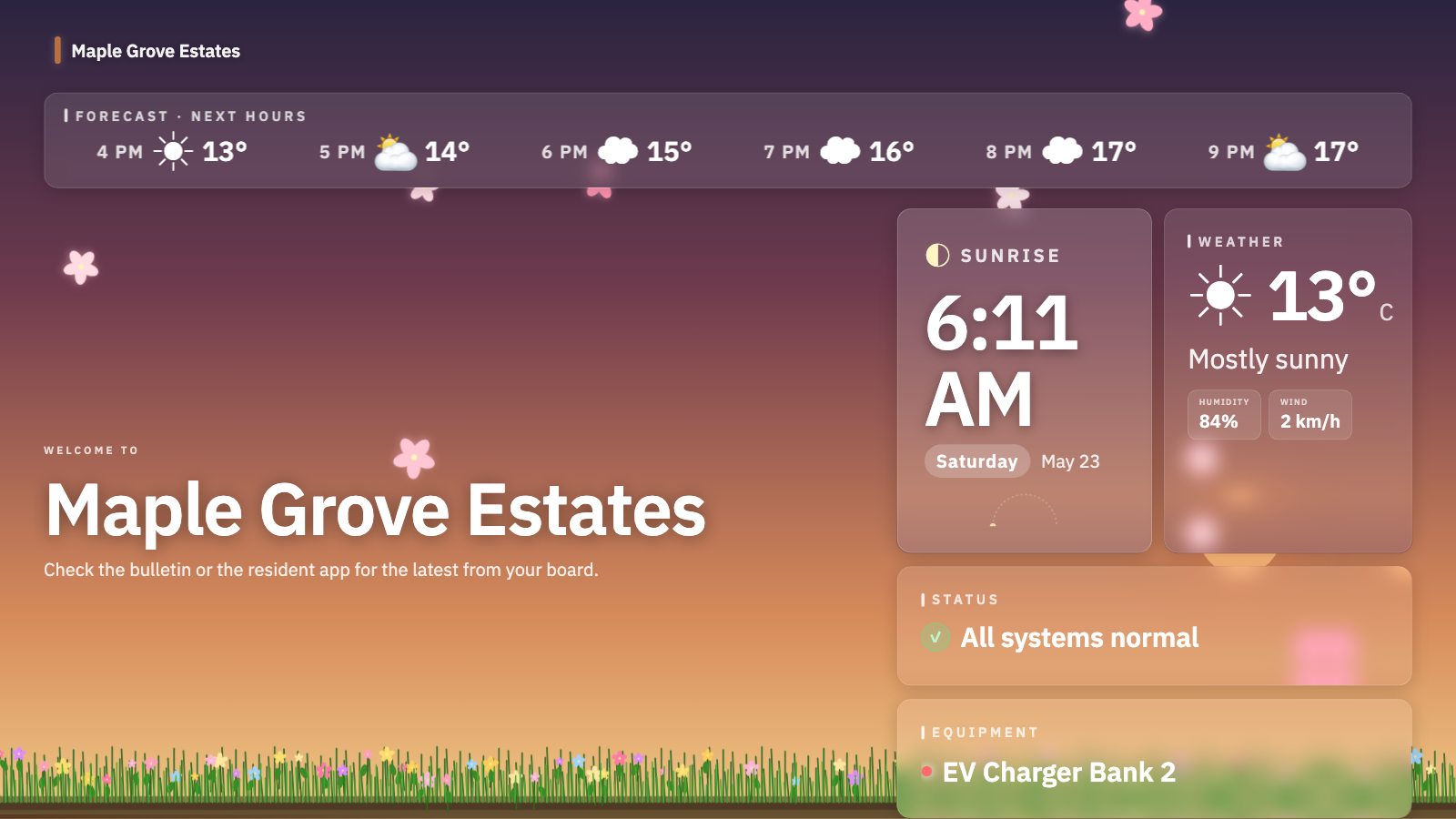Lobby TV display — weather, status, welcome panel