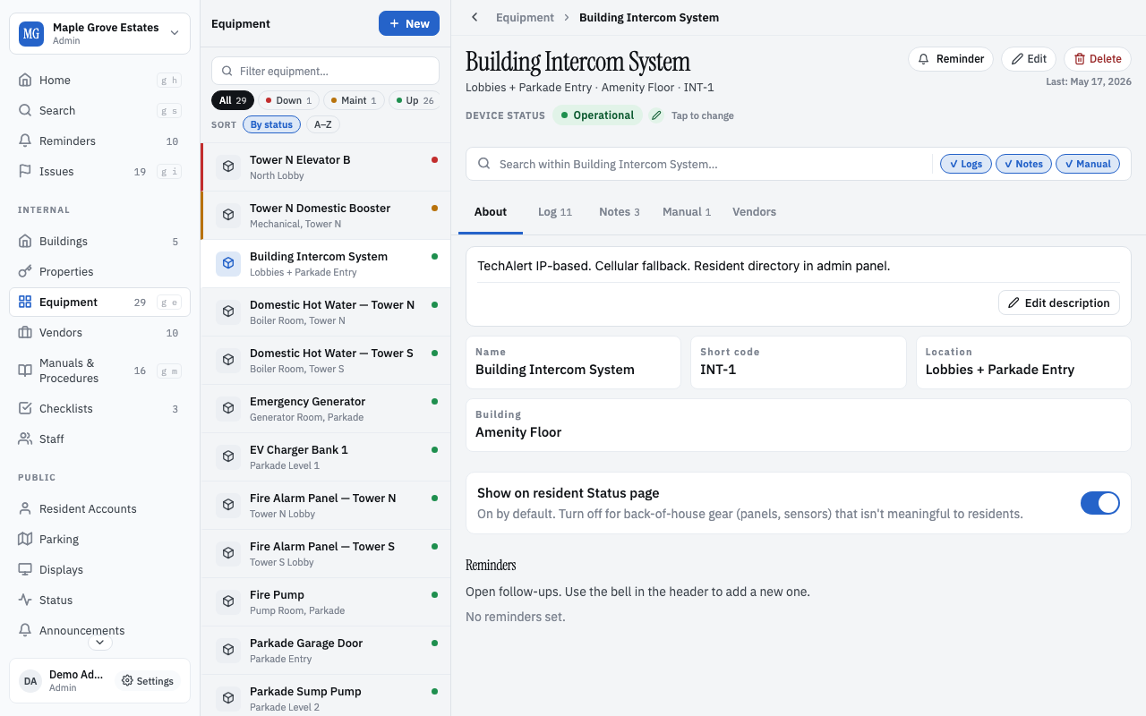 Equipment detail page for the building intercom — status, logs, notes, manuals, and vendor tabs