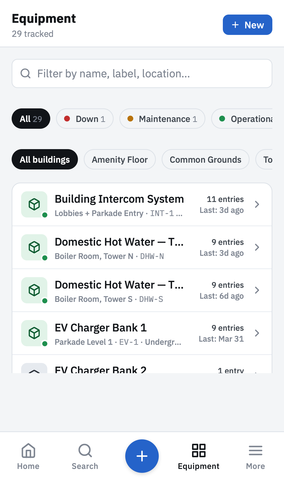 Equipment list with status chips