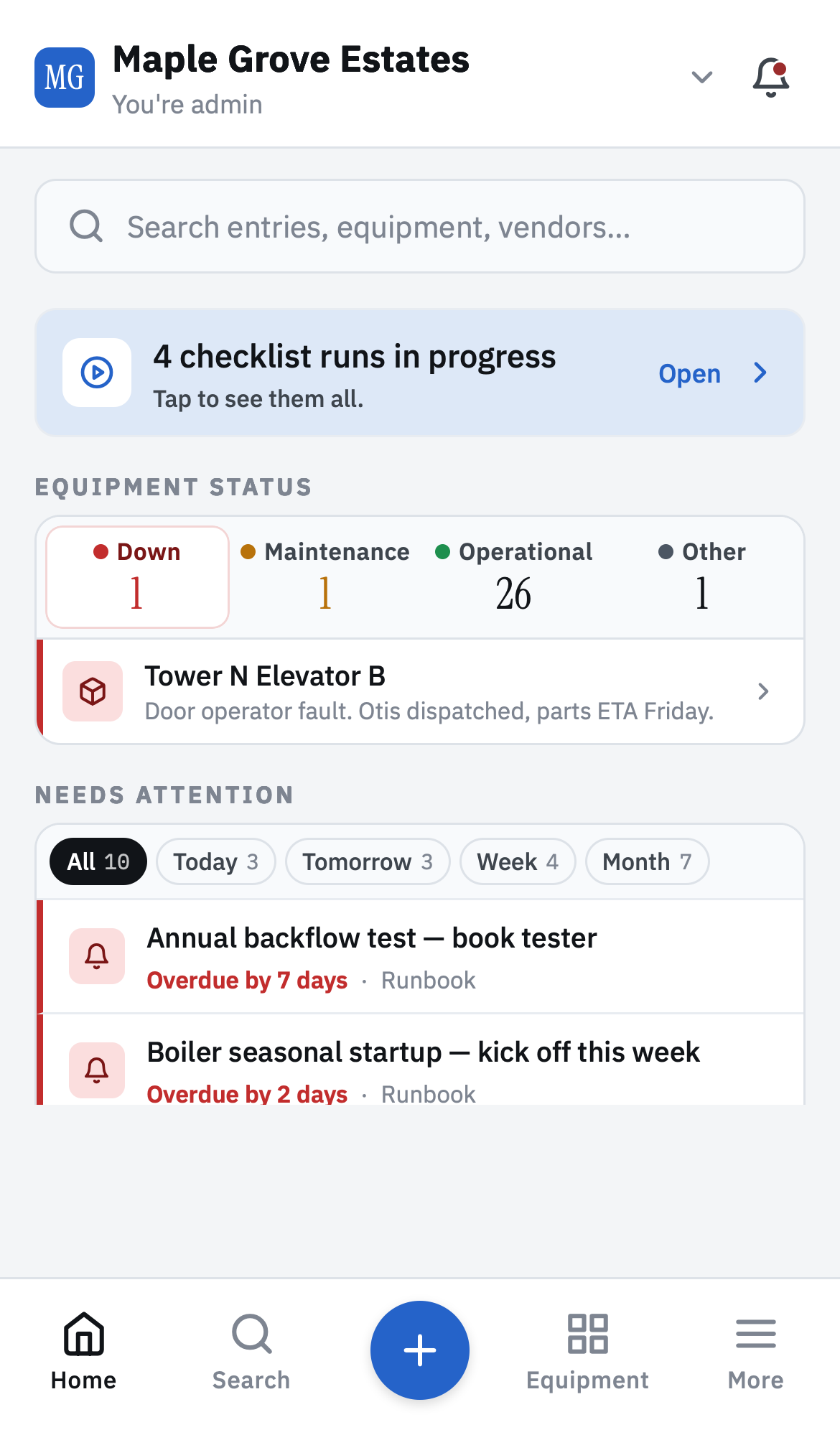 BM admin home — equipment status, reminders attention, recent feed