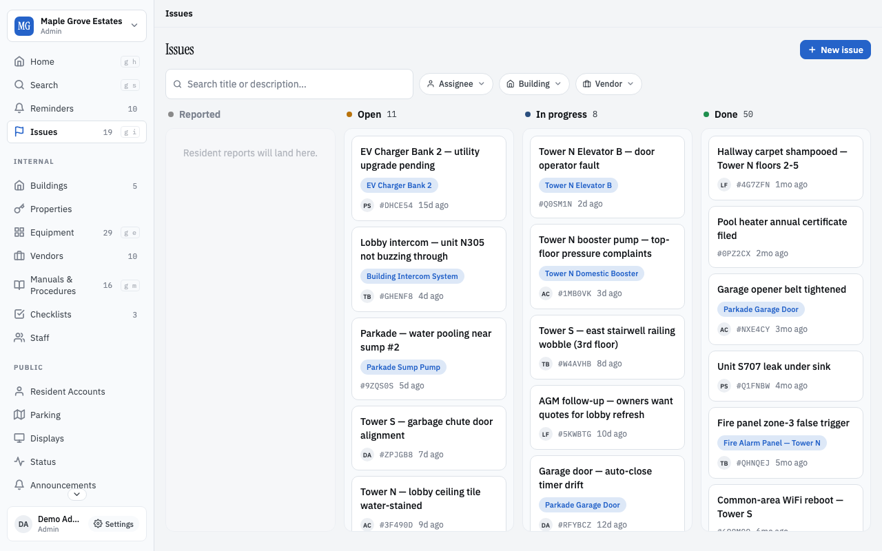 Issues kanban — Open, In progress, Done columns with cards