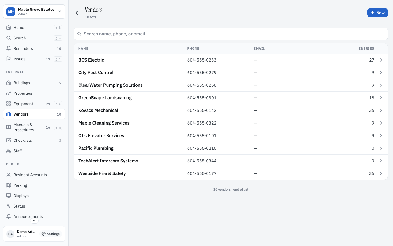 Vendor directory with operator notes