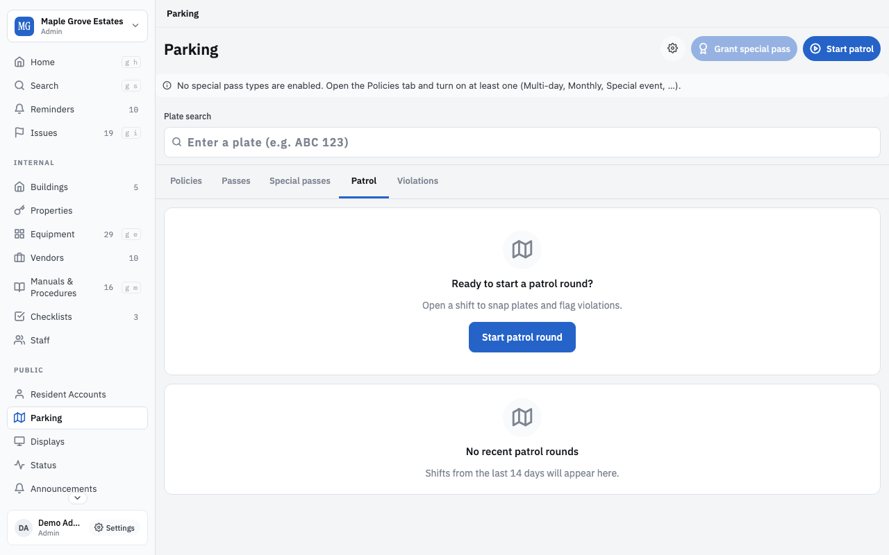 Parking patrol — start a patrol round, recent rounds list