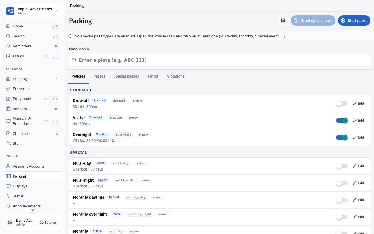 Parking policies — standard and special pass types, each with toggle and configuration