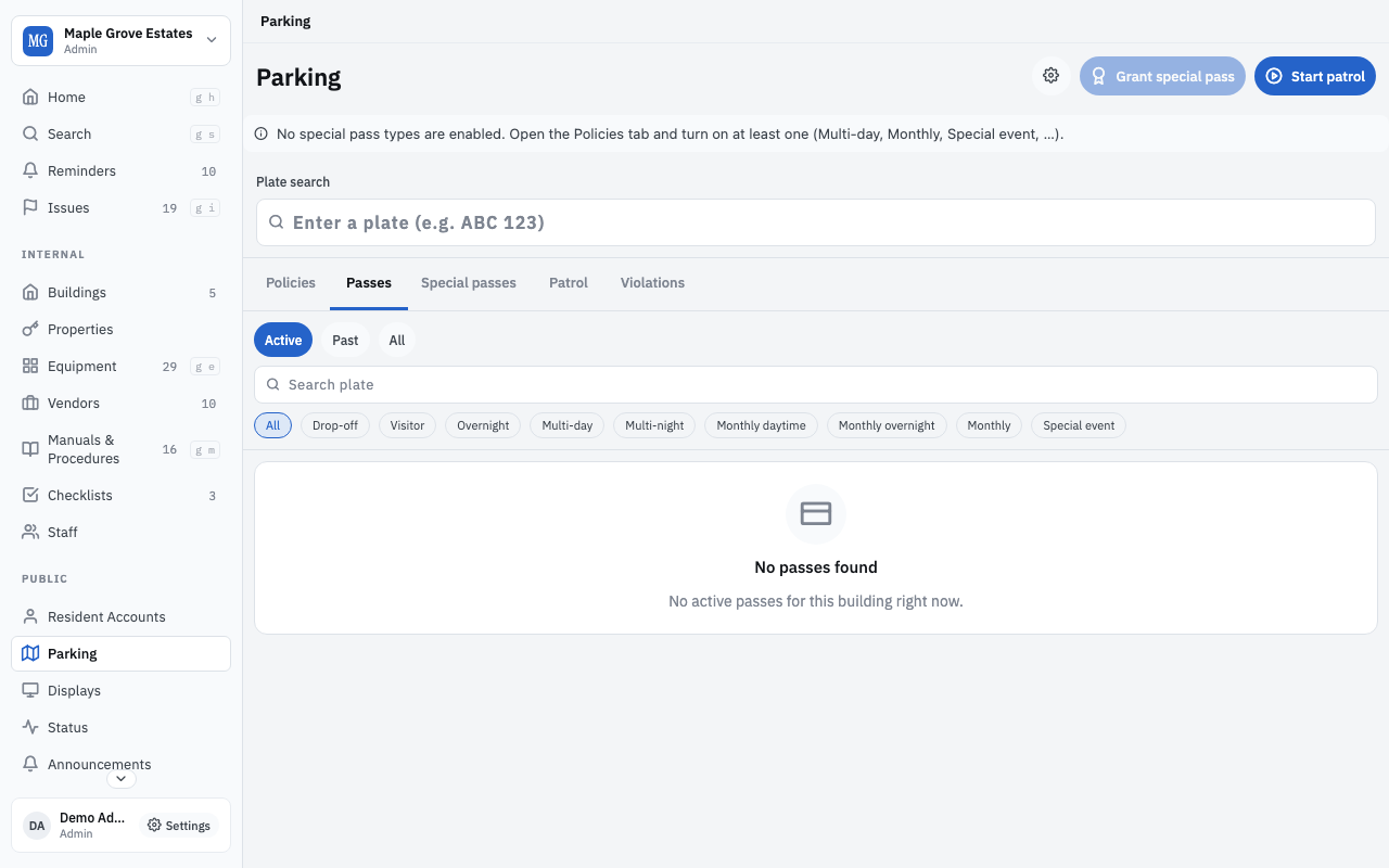 Parking admin — passes, patrol shifts, plate search, special permits