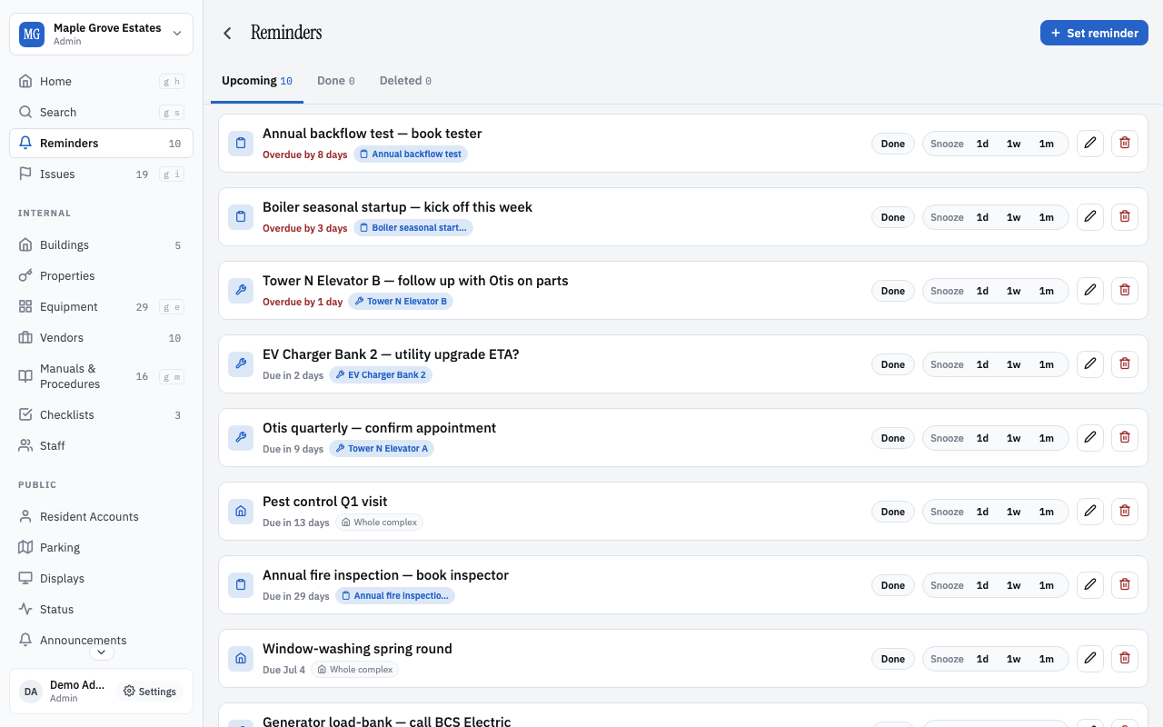 Reminders list — Upcoming / Due / Overdue tabs
