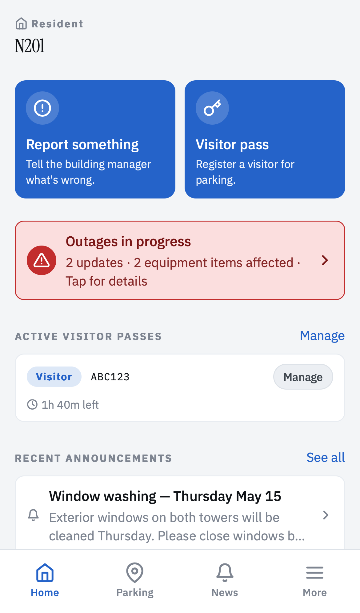 Resident home — outages banner, announcements, report CTAs