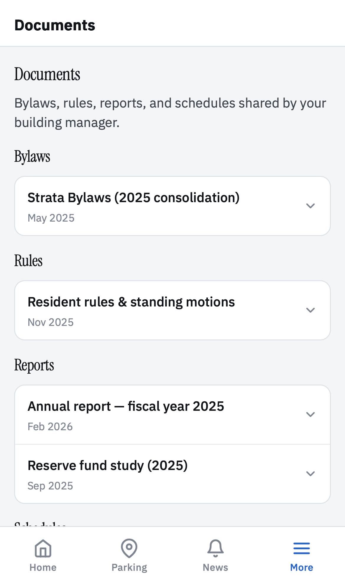 Resident documents — bylaws, rules, reports