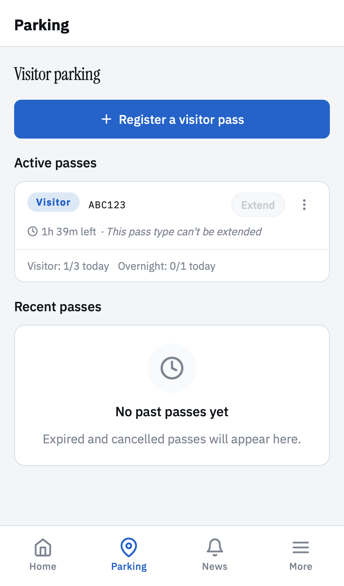 Resident visitor parking screen — active passes and Register CTA