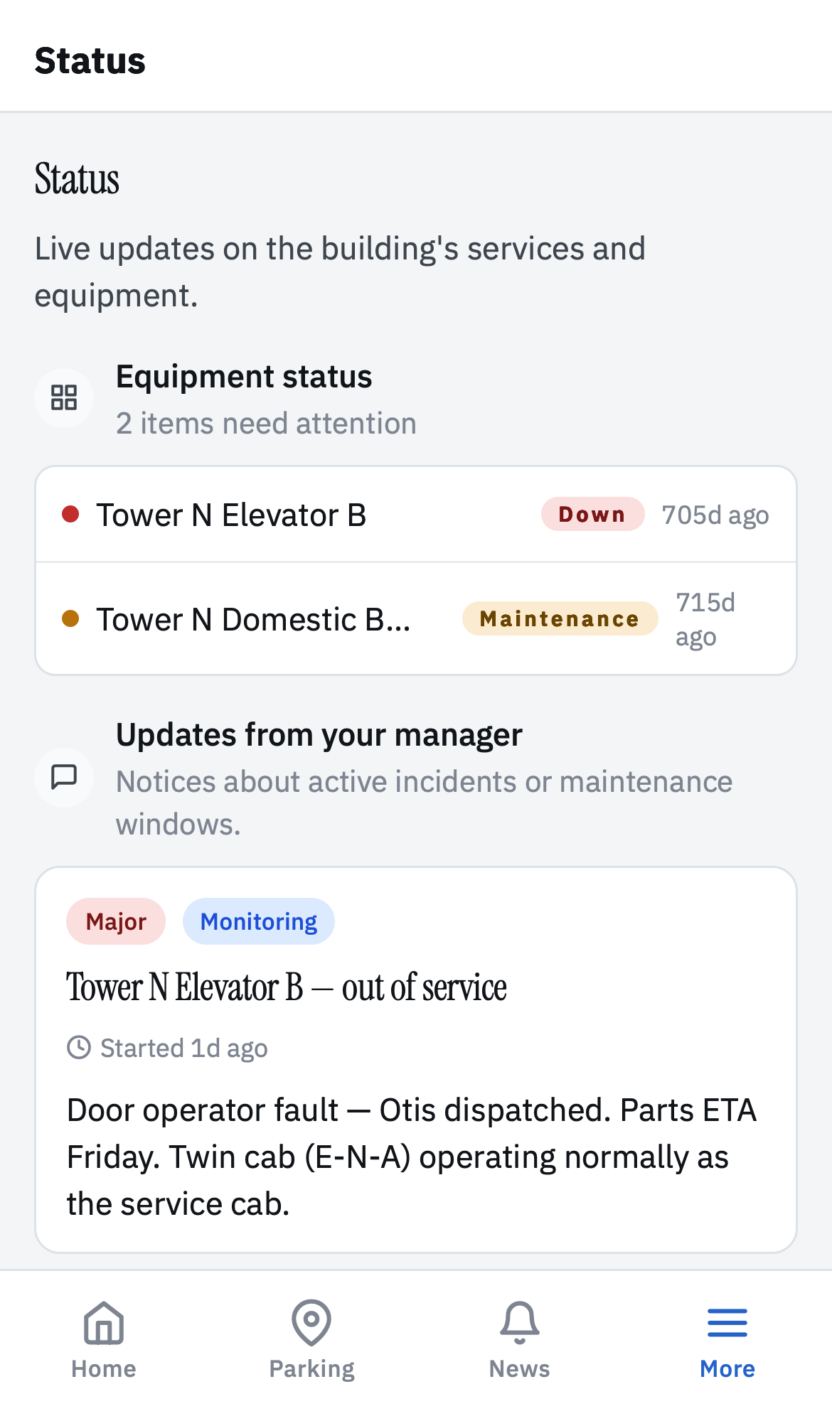 Resident status — equipment + manager updates