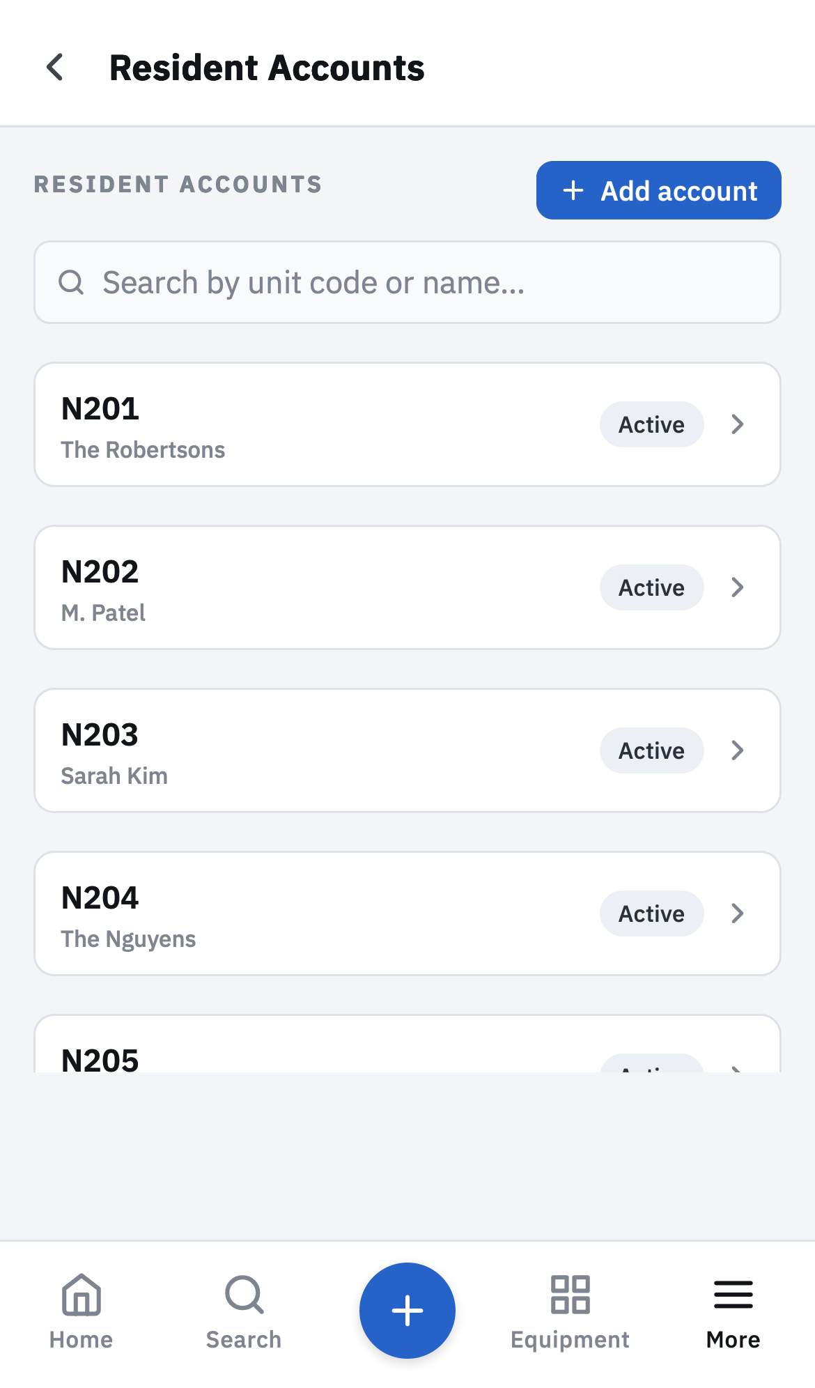 Residents page with unit codes